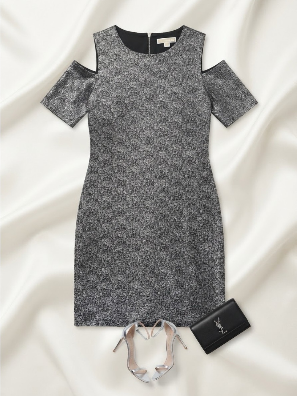 Michael Kors Metallic Silver Cold-Shoulder Sheath Dress. Size XL
